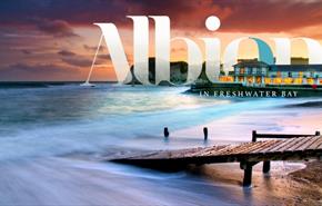 Outside view of The Albion Hotel with the hotel's logo, Freshwater, boutique hotel, luxury, Isle of Wight